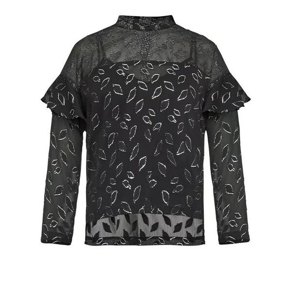 BCBGMaxazria Black Sheer Chiffon Silver Metallic Leaf Print High Neck Blouse - Picture 2 of 15